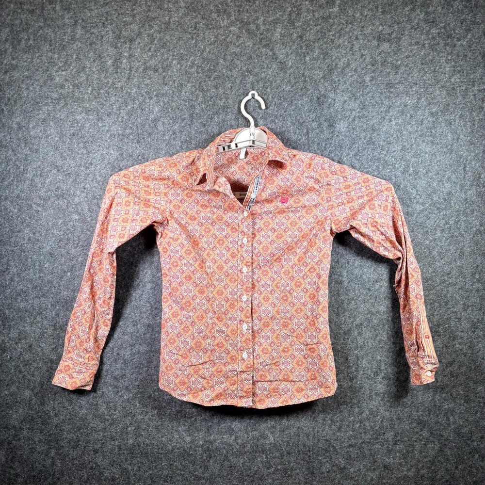 Cinch Button Up Shirt Womens Small Orange Geometric Print MSW9165019 Preppy
